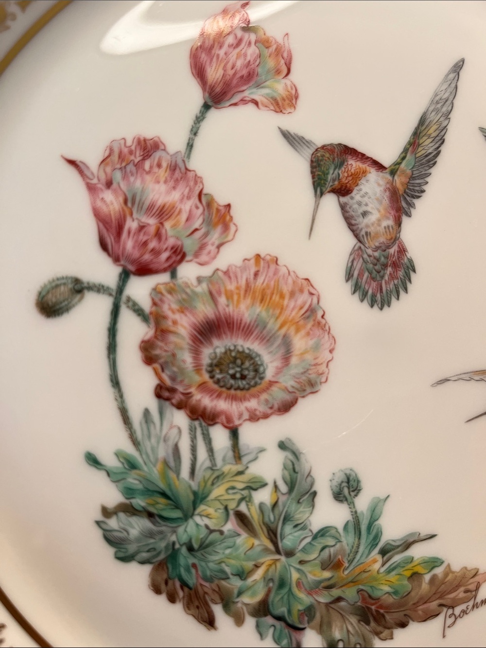 Lenox White and Gold Decorative Plate with Pink Floral Hummingbirds - Picture 3 of 9